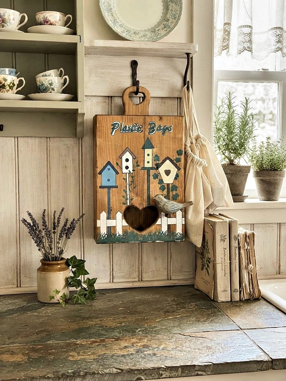 Painted Birdhouse Plastic Bag Holder Decor